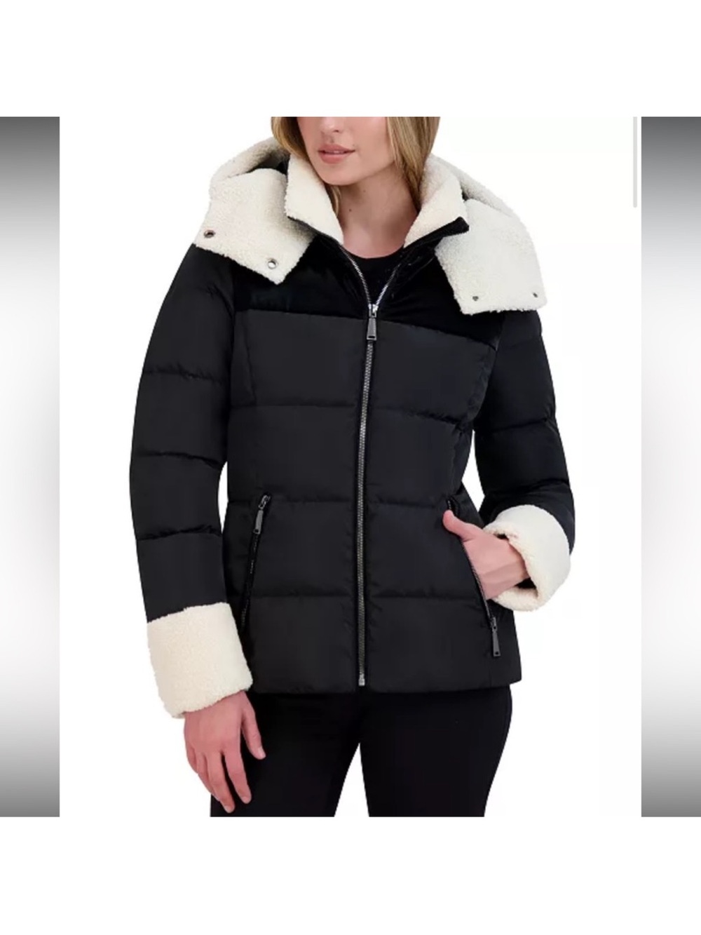 Laundry By Shelli Segal Black Puffer Jacket with Cream Sherpa Trim
